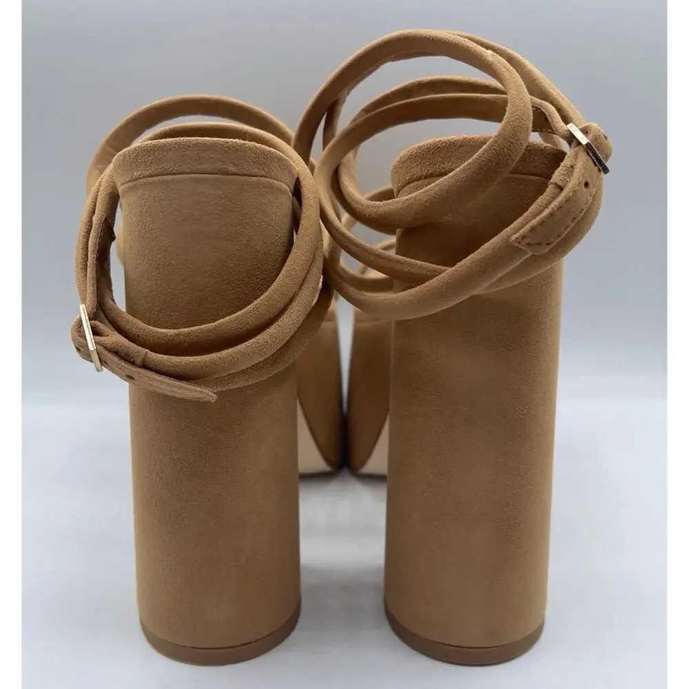 CULT GAIA Hyte Strappy Ankle Wrap Suede Leather Camel Platform Heels Size 8.5